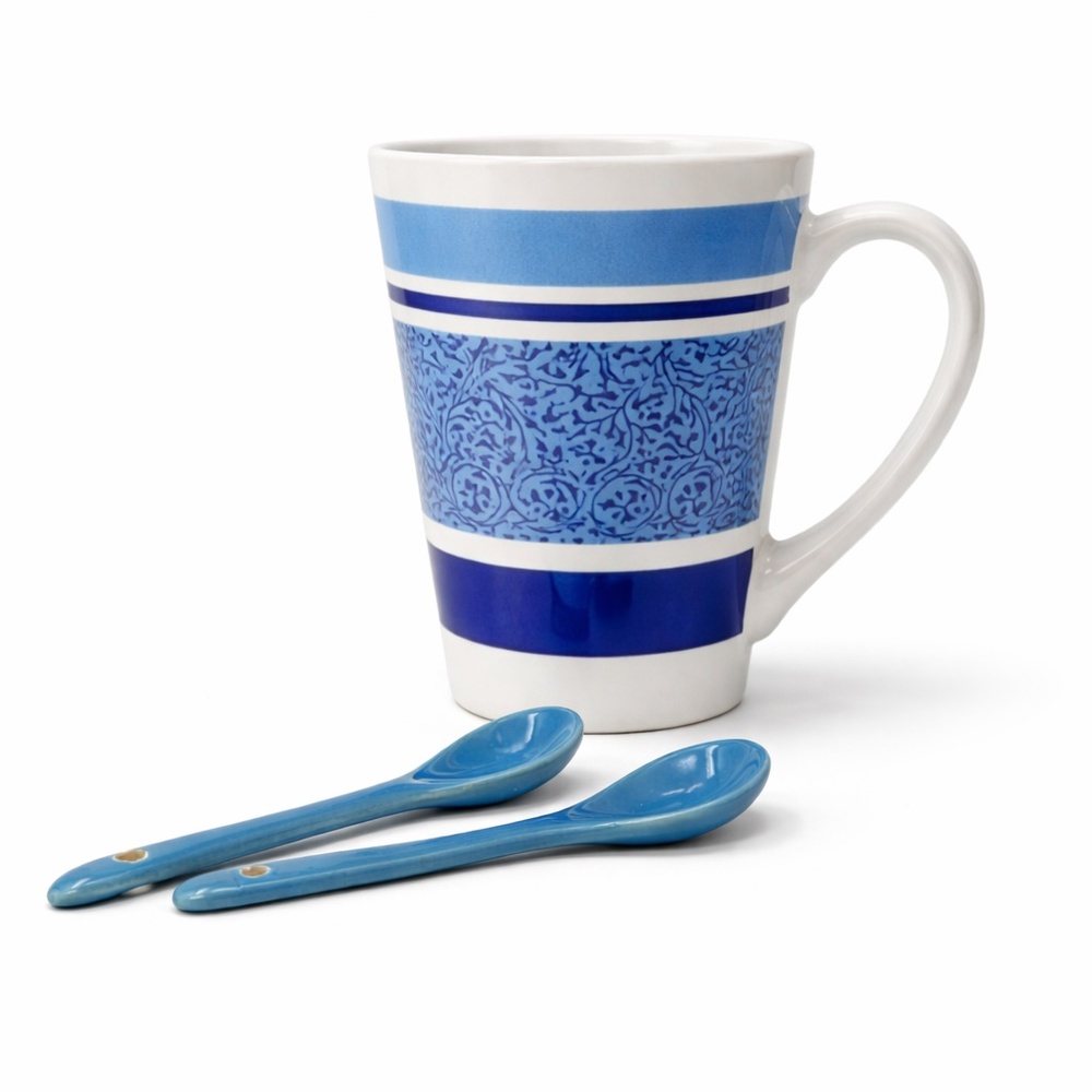 Blue Patterned Ceramic Mug w/ 2 Mini Spoons Coffee Tea Set 4" Cup